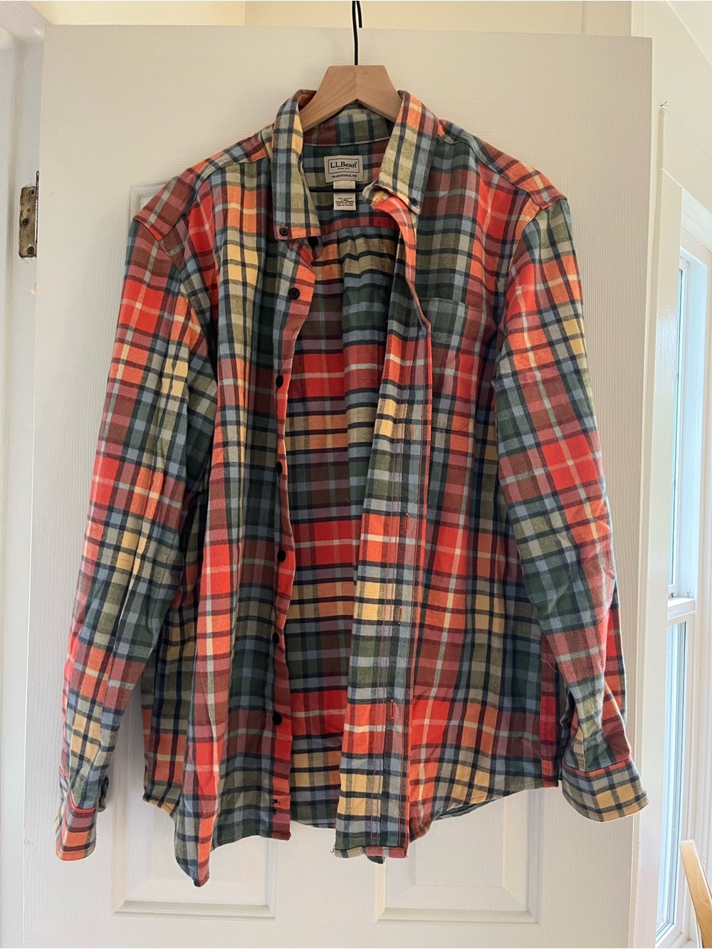 L.L. Bean Men’s Orange, Green & Yellow Plaid Button-Down Flannel Shirt